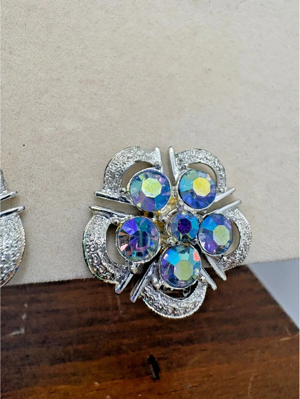 Vintage Coro Blue AB Rhinestone Silver Tone Flower Clip Earrings
